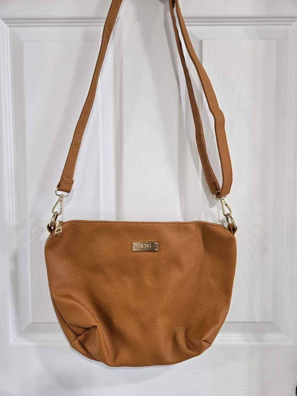 BCBG Cognac Tan Pebbled Crossbody Bag with Gold Hardware